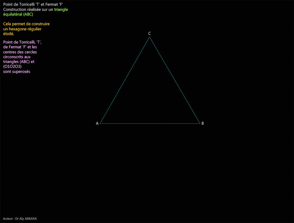 Point de Fermat et Torricelli d'un triangle ABC équilatéral et la formation d'un polygone hexagone régulier et étoilé