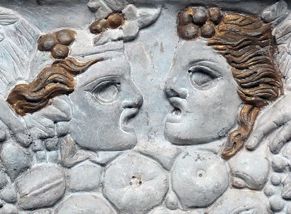Copenhague - Danemark - Musée archéologique - Le sarcophage d'Aurelia Kyrilla - De Rome - 300 apr. J.-C. - Les quatre masques se rapportent à Dionysos