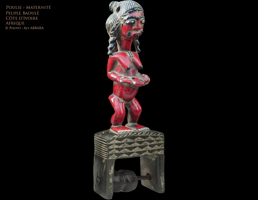 Art africain - Poulie associée à une figurine de Maternité (Mère à l'enfant) - Peuple Baoulé - Côte d'Ivoire