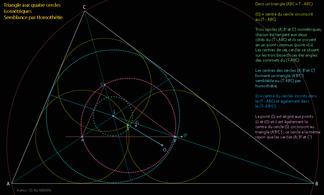 Trois cercles de même rayon à l'intérieur d'un triangle (ABC) - Caractéristiques de la figure construite