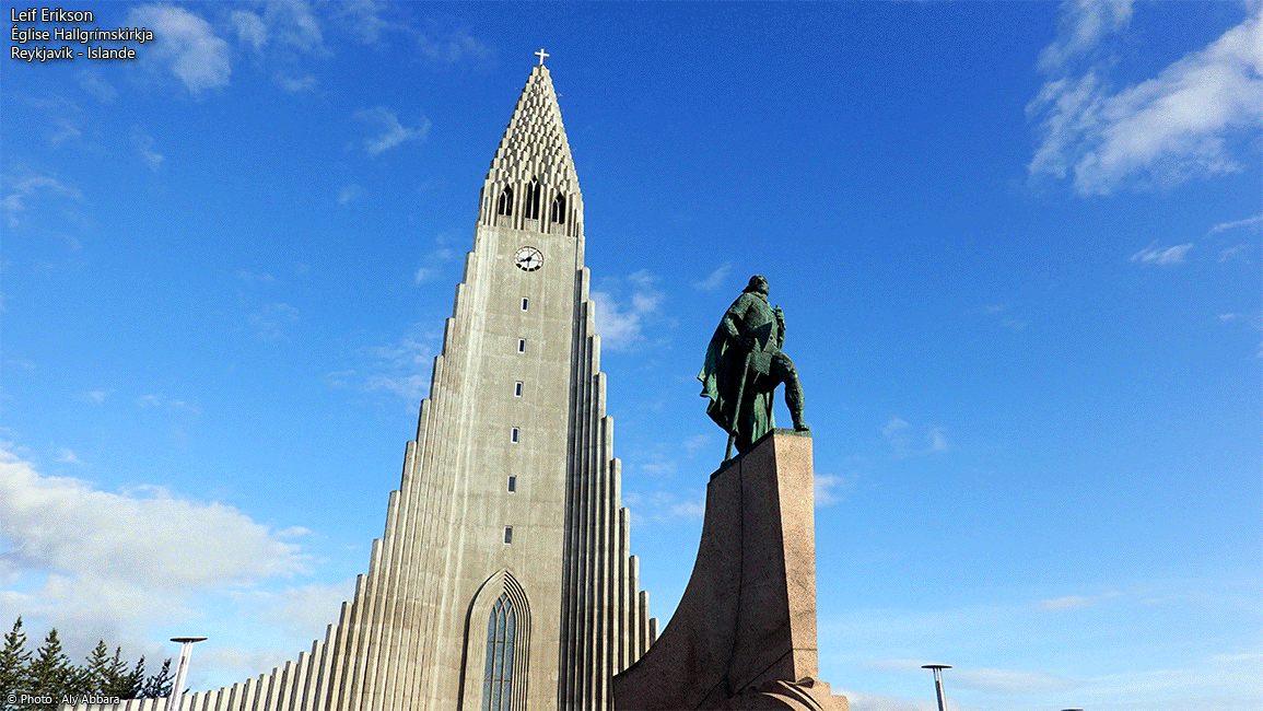 Islande (Iceland) du sud-ouest - Statue de Leif Erikson ou Leifur Eiríksson - Ericson - devant la façade de Hallgrímskirkja ou Église de Hallgrímur à Reykjavik