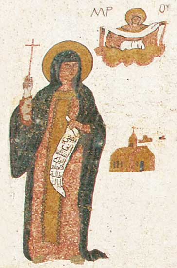 Maaloula ; couvent Mar Taqla : présentation sur mosaïque de Sainte-Thècle